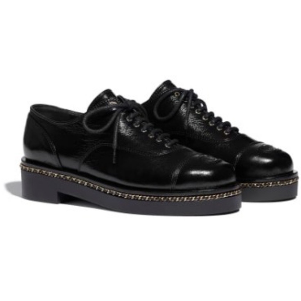 Chanel 20K crumpled Lambskin Cap toe Lace up Chain Around shoes black Eu 39.5